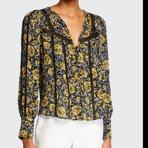 Veronica Beard 100% Silk Floral Blouse Size 16 Black Mustard Lace Trim
